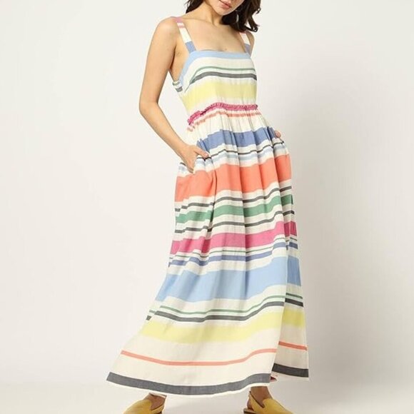 GAP Dresses & Skirts - GAP White Rainbow Striped Cotton Square Neck Maxi Dress Women's Large Vacation